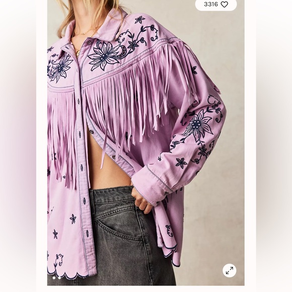 Free People Great Plains Fringe Denim Top Lilac Embroidered western shirt L - Picture 2 of 8